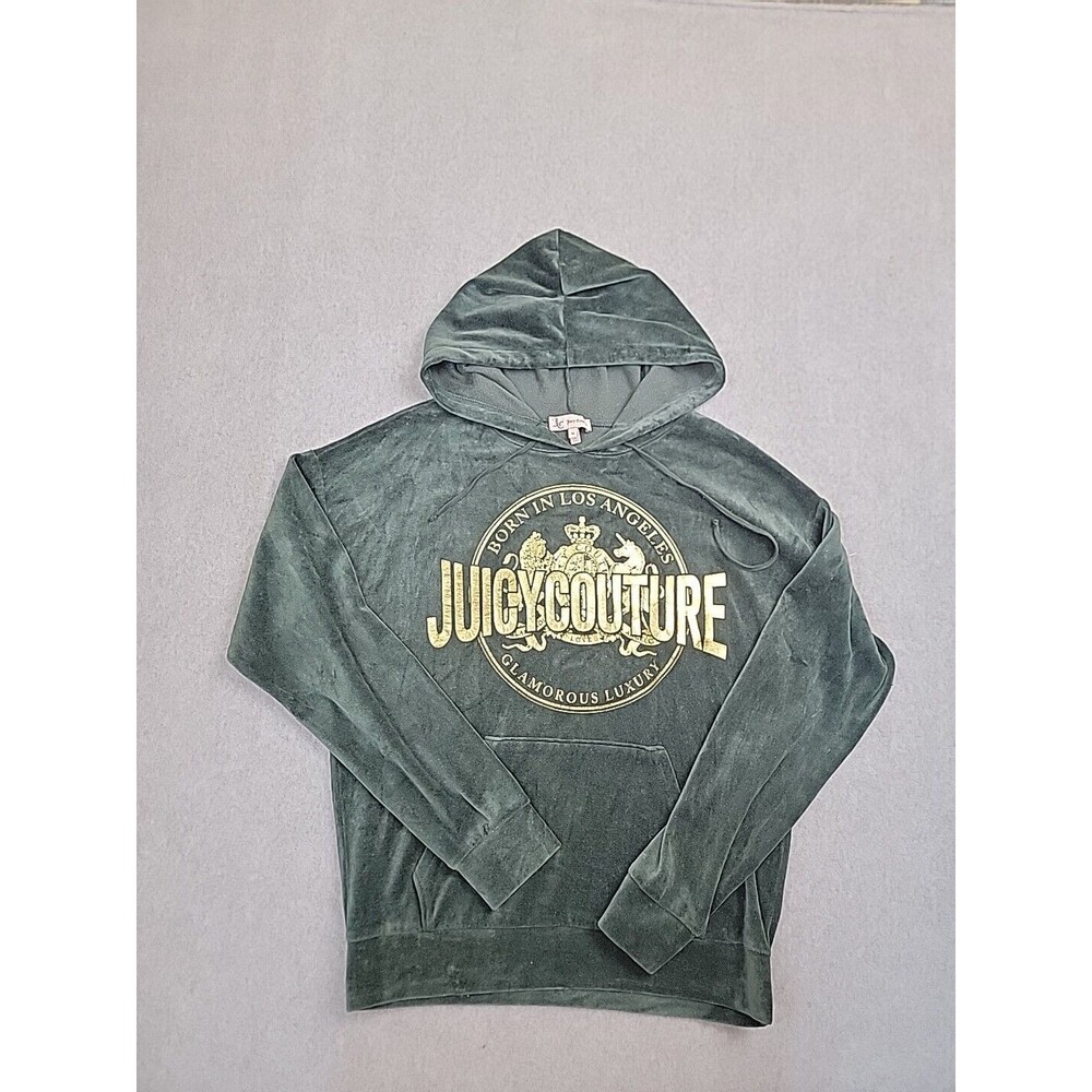 Juicy Couture Hoodie Womens Medium Green Velour Gold Foil Crest Logo Y2K